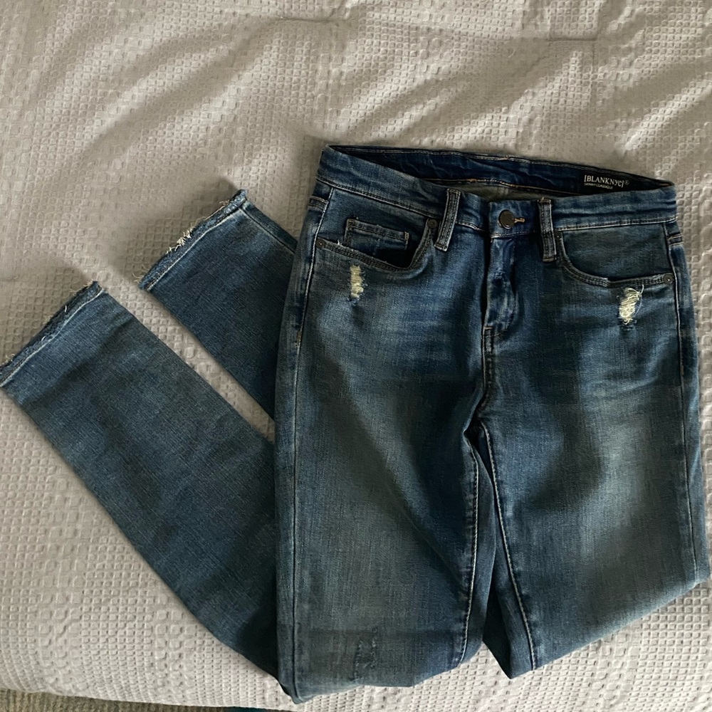 - Blank NYC Blue Denim Jeans with Leather Patch